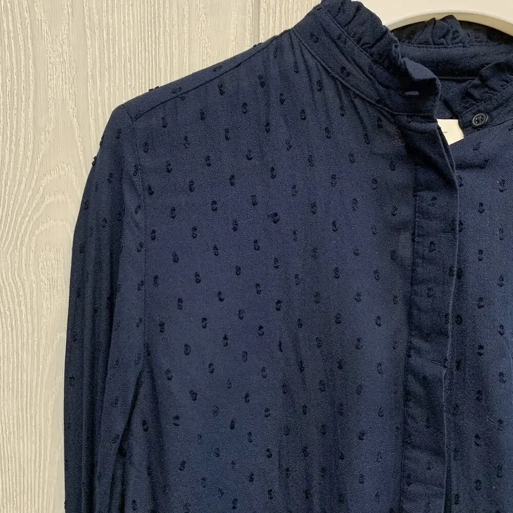 LOFT Ruffle Trim Swiss Dot Blue Top Long Sleeve XS NWT - Picture 3 of 7